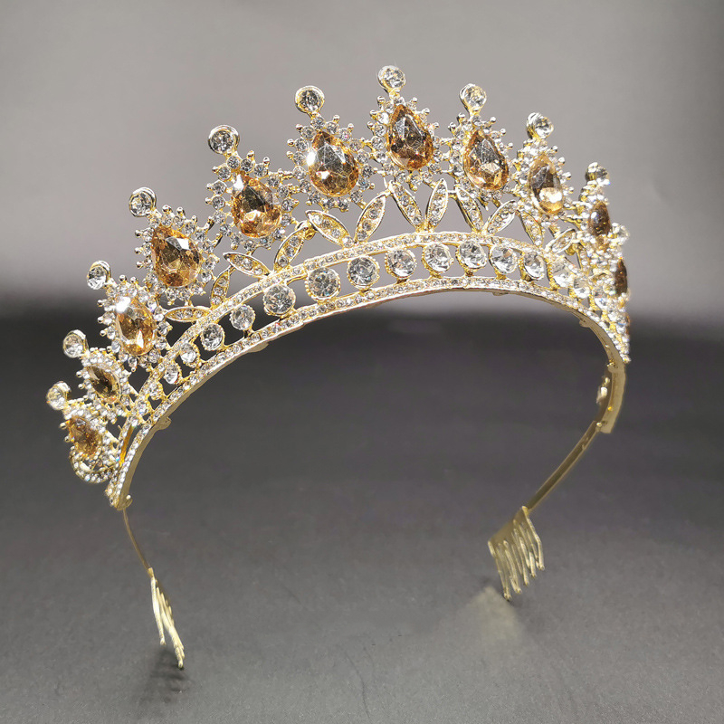 Shiny Crystals Bridal Headpieces Vintage Baroque Queen Champagne Rhinestone Gold Crown And Tiaras With Comb Wedding Hair Jewelry Accessories For Women