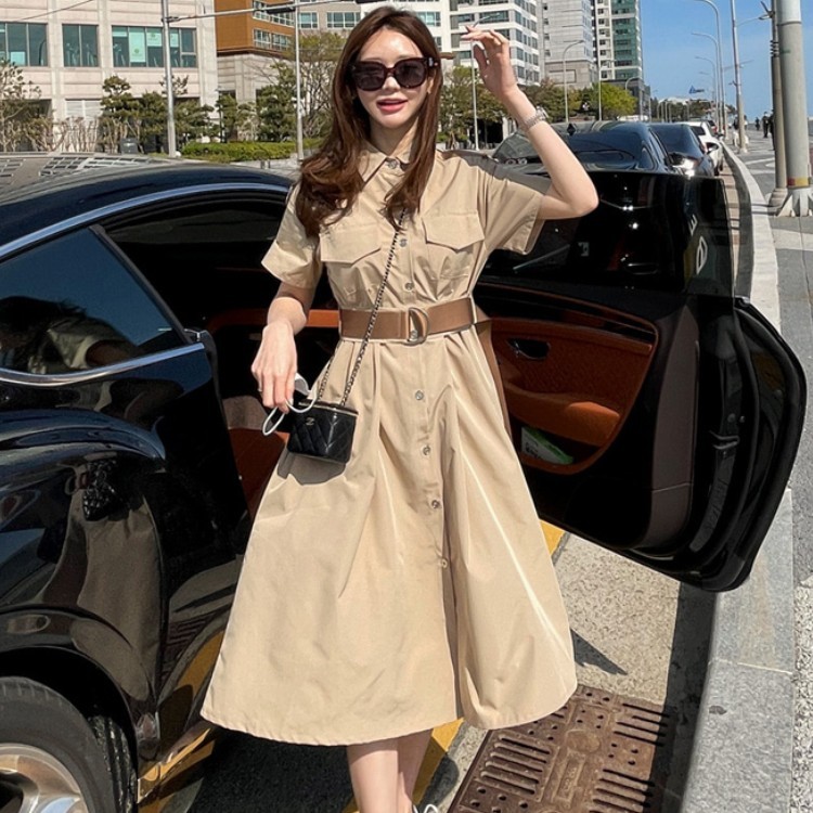 Arrival Summer Fashion Shirt Dress Women Elegant Office Lady Temperament Short Sleeve Casual Party With Belt 210519