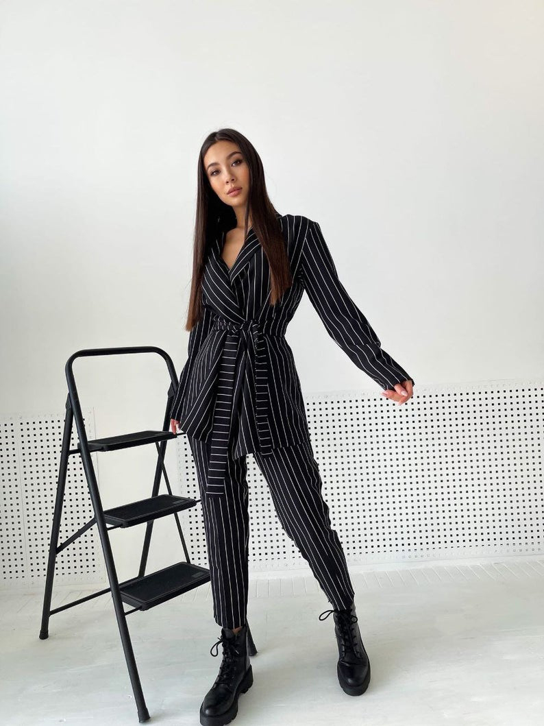 Fashion Striped Women Blazer Suit with Belt Long Sleeve Slim Fit Ladies Formal Pants Suits Prom Party Wedding (jacket+pants)