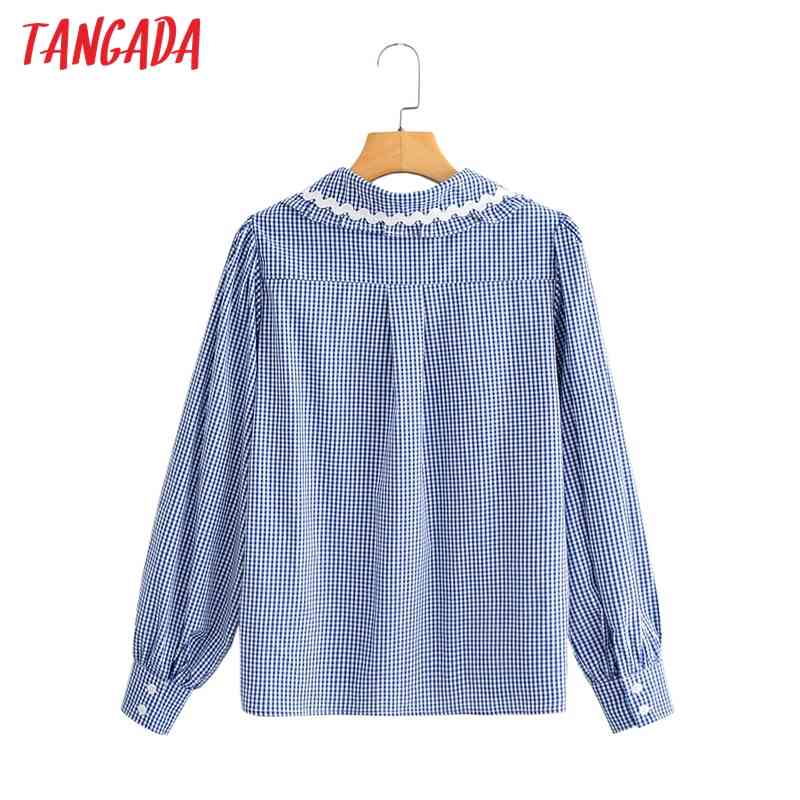 Women Retro Lace Patchwork Blue Plaid Blouse Long Sleeve Chic Female Shirt Tops YI13 210416