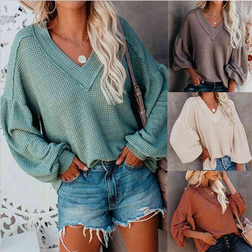 Autumn Winter Fashion Women' Loose V-neck Knit Sweater Lantern Sleeve Top Casual Long-sleeved Solid Color Pullovers 210517, Black
Autumn Winter Fashion Women' Loose V-neck Knit Sweater Lantern Sleeve Top Casual Long-sleeved Solid Color Pullovers 210517, Black