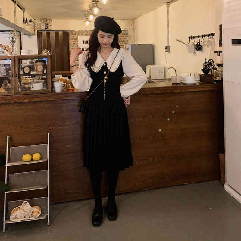 Elegant Vintage Dress Women Kawaii Casual Dress Korean Spring Sweet Preppy Style Peter Pan Collar Party Dress Y2k 210521