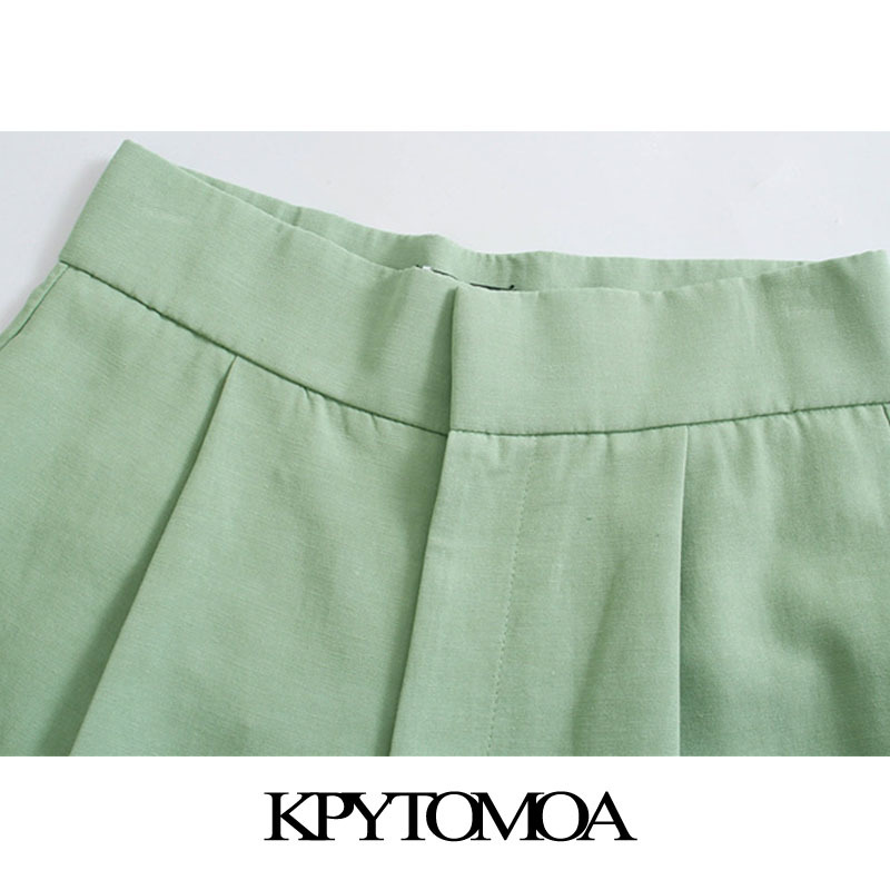 Women Chic Fashion Side Pockets Linen Bermuda Shorts Vintage High Waist Zipper Fly Female Short Pants Mujer 210416