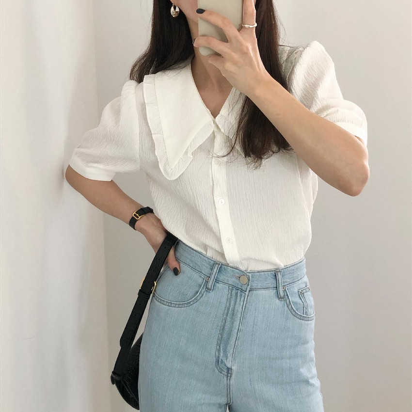Chic Summer Woman Shirts Causal Peter Pan Collar Short Sleeve Blouse Tops Korean Solid Blusas De Mujer 6J686 210603
