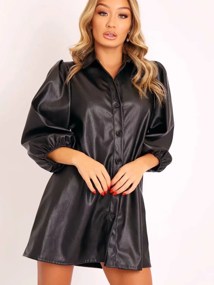 Women Spring Chic Belt Leather Mini Dress Female Buttons Turn-down Collar Dresses Ladies Casual Streetwear Outfit 210520