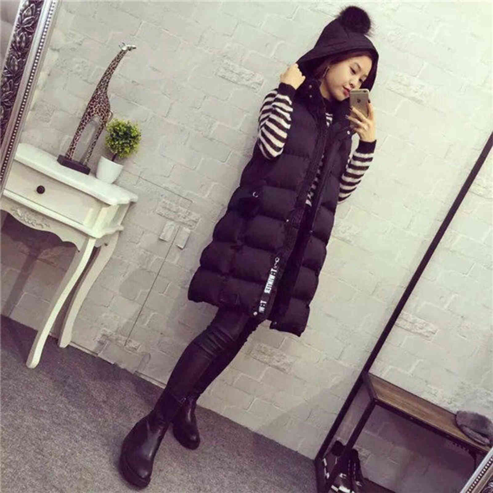 Women's Long Down Vest Outdoor Zipper Hooded Sleeveless Jacket Winter Warm Plus Size Quilted 211120