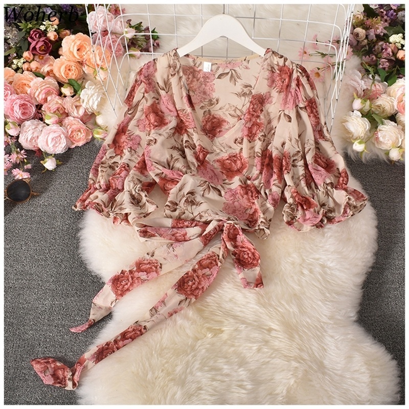 Women Clothing V-Neck Short Sleeve Crop Tops Irregular Ruffles Skirt Korean Fashion Floral Suit Two-piece Summer 210422