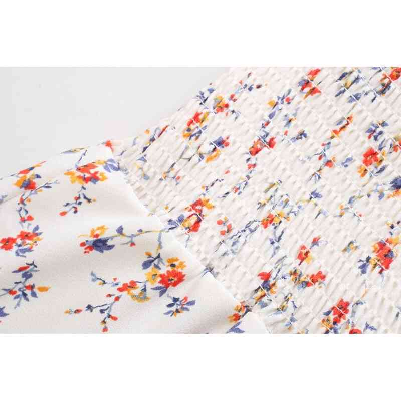 Spring Vintage France Style Floral Print Elastic Ruched Body Women Dress Sexy Long Sleeve Hem Slit Midi Dresses Holiday 210429