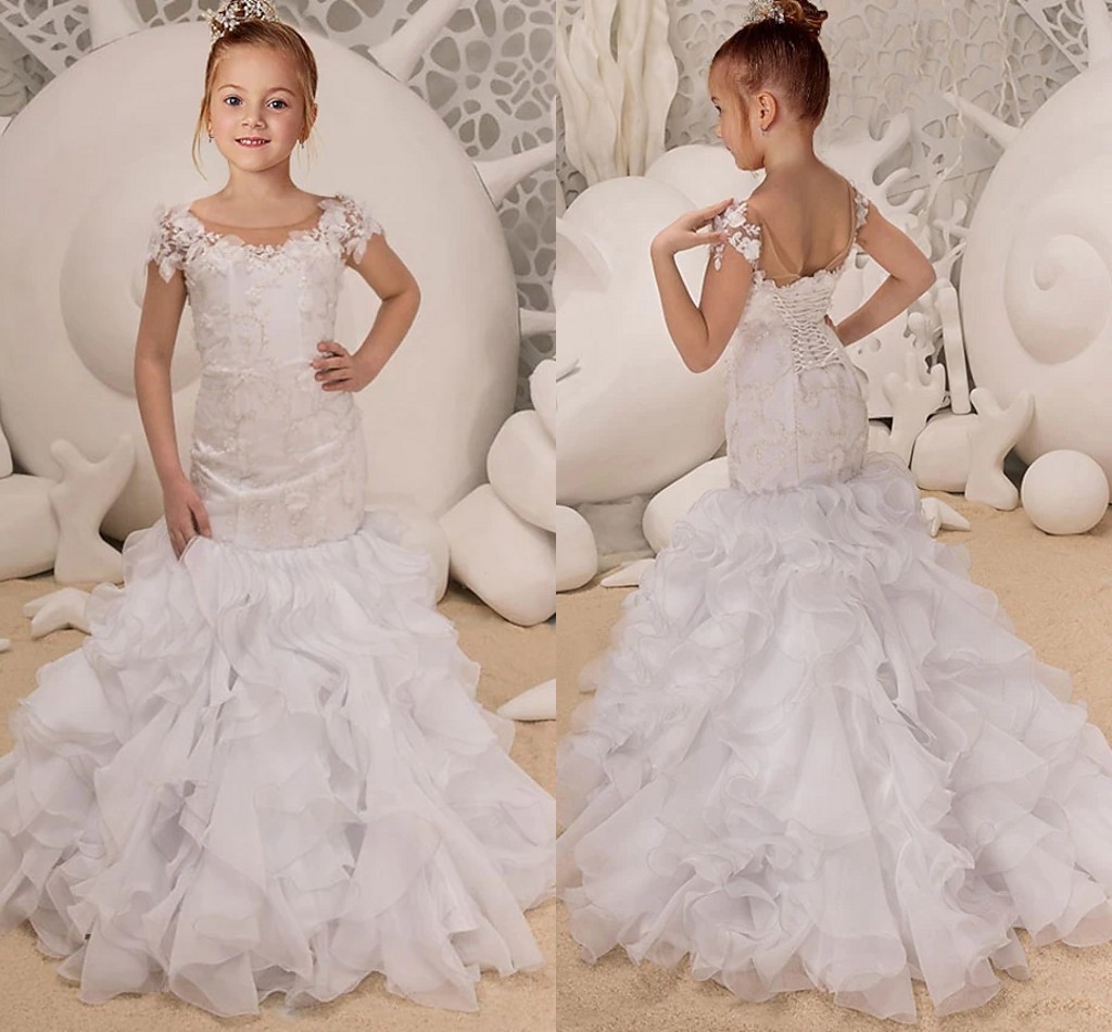 Dresses Girl Mermaid Flower For Wedding Floral Lace Appliques Short Sleeves Ruffles Junior Bridesmaid Gowns Sweep Train Little Girl Formal Party Dress