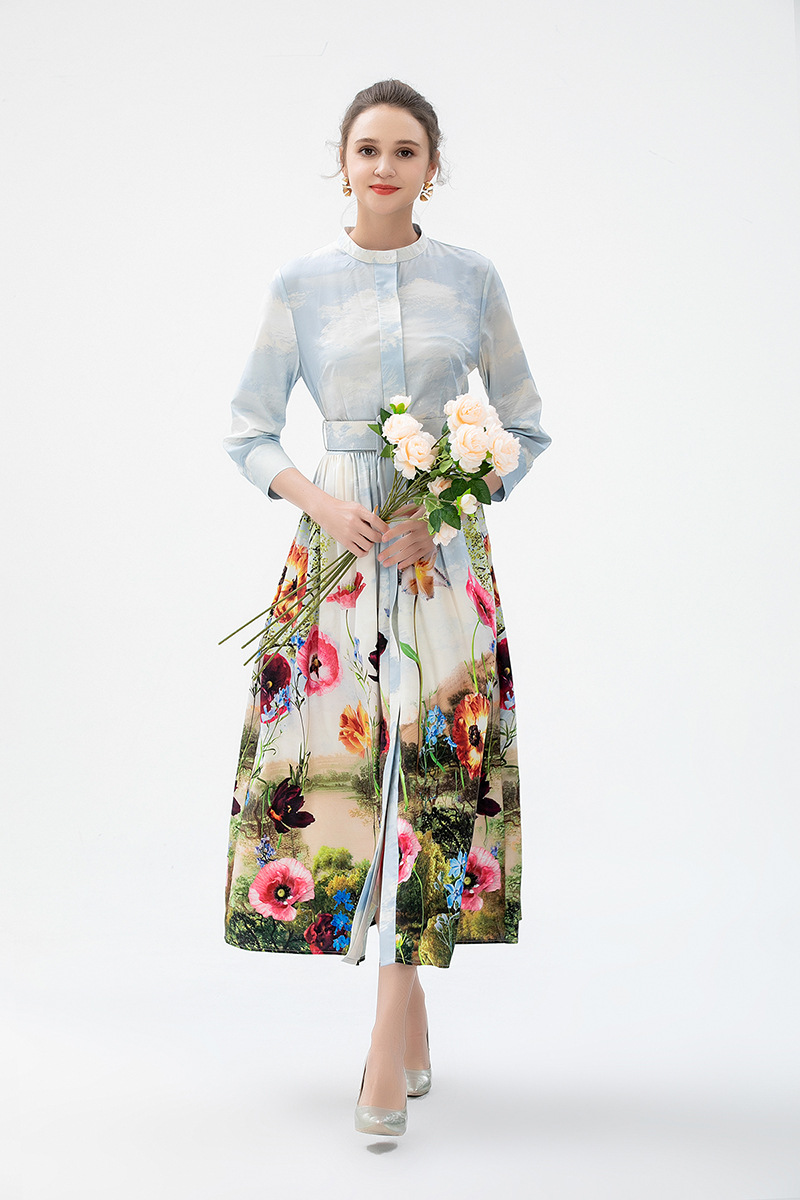 Women's Runway Dresses O Neck 3/4 Sleeves Printed Fashion Autumn Mid Calf Dress Vestidos