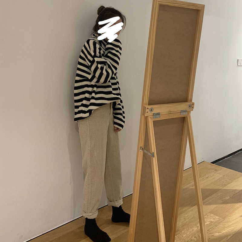 Women Stripes Sweater Harajuku Winter Vintage Women Thickening Loose Warm Turtleneck Sweater 210918