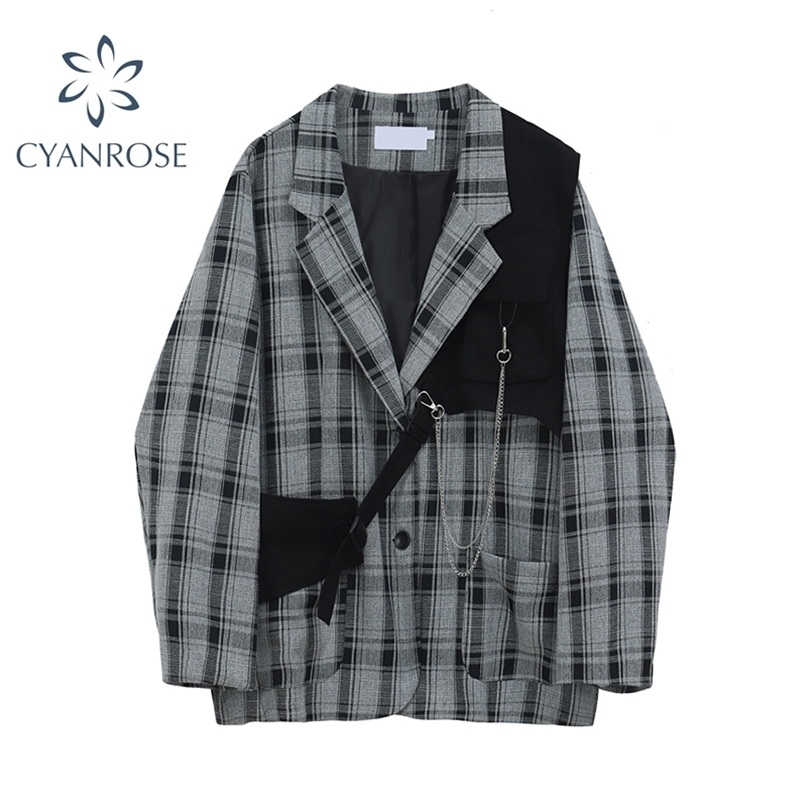Autumn Korean Vintage Plaid Blazers Women Casual Oversized Female Suit Jackets Streetwear Ladies Outwear Fashion Clothes 211122