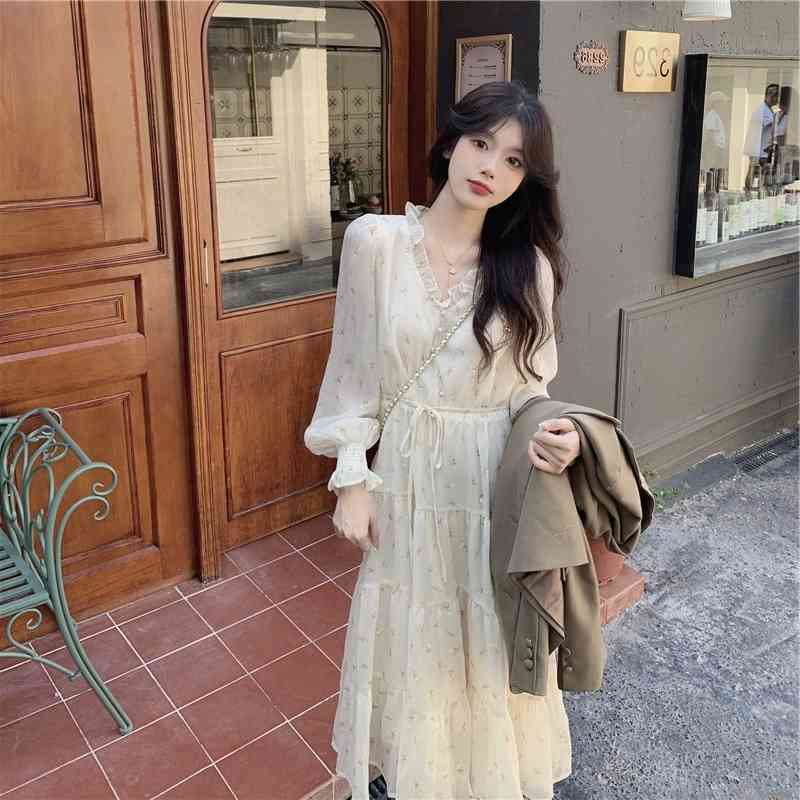 Spring Women's Chiffon Print V-Neck Long Dresses Female Chic High Waist Casual Holiday Vestidos femme 210519