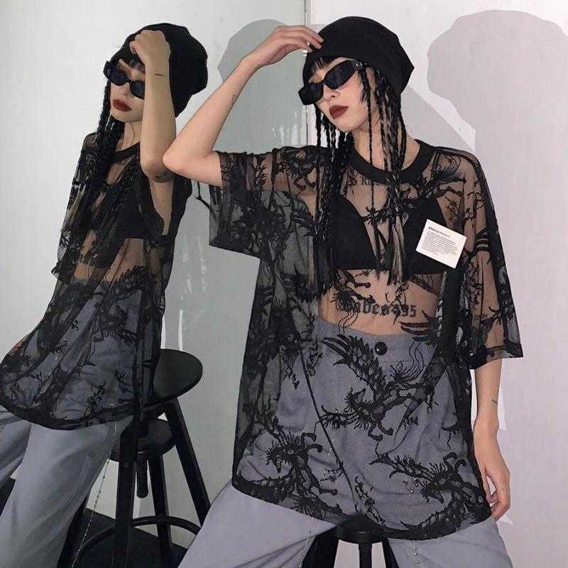 Yedinas Summer Sexy Mesh T Shirts Women Lace See Through Oversize Tops Semitransparent Gothic E Girl T-shirt Streetwear 90s 210527