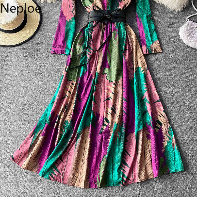 Neploe Maxi Dresses for Women O-neck Long Sleeve Print Vestidos Mujer Beach Style Lace Up Slim Waist Big Swing Elegant Dress 210422