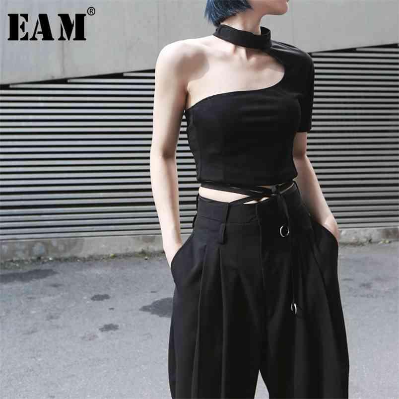 EAM Spring Summer Round Neck Short Sleeve Backless Irregular Brief Personality Tshirt Women Fashion JX391 210406