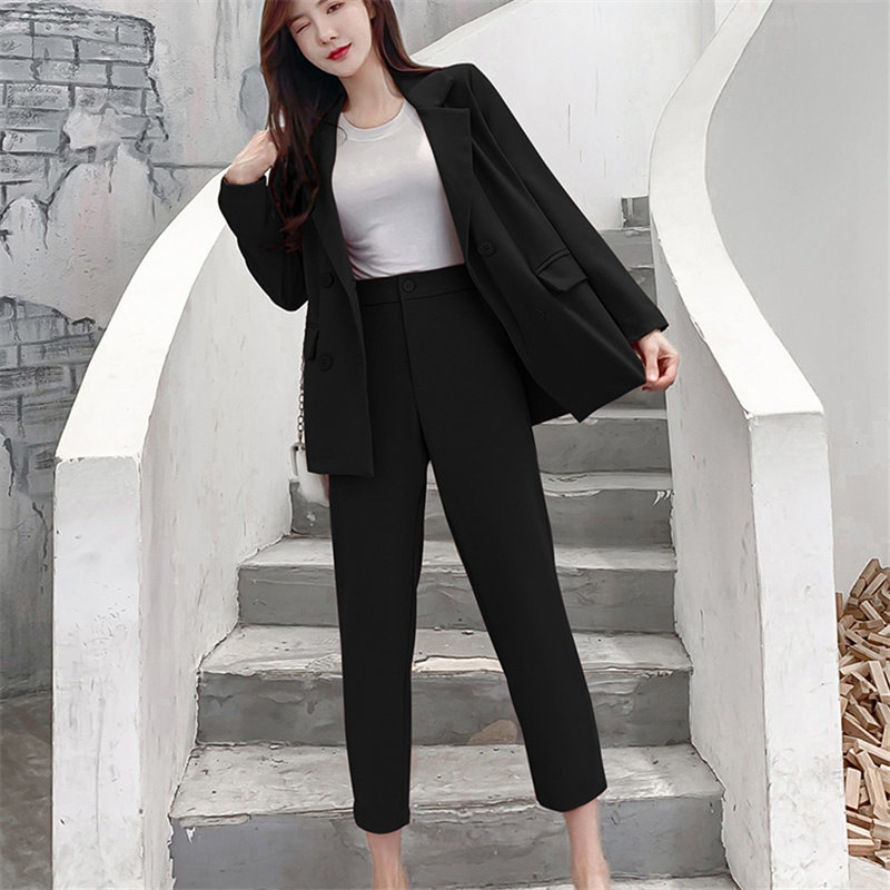 Solid Chic Elegance Slim Gentle All Match OL Blazer +Straight Loose Trouser Office Lady Women Suits 2 Piece Sets 210421