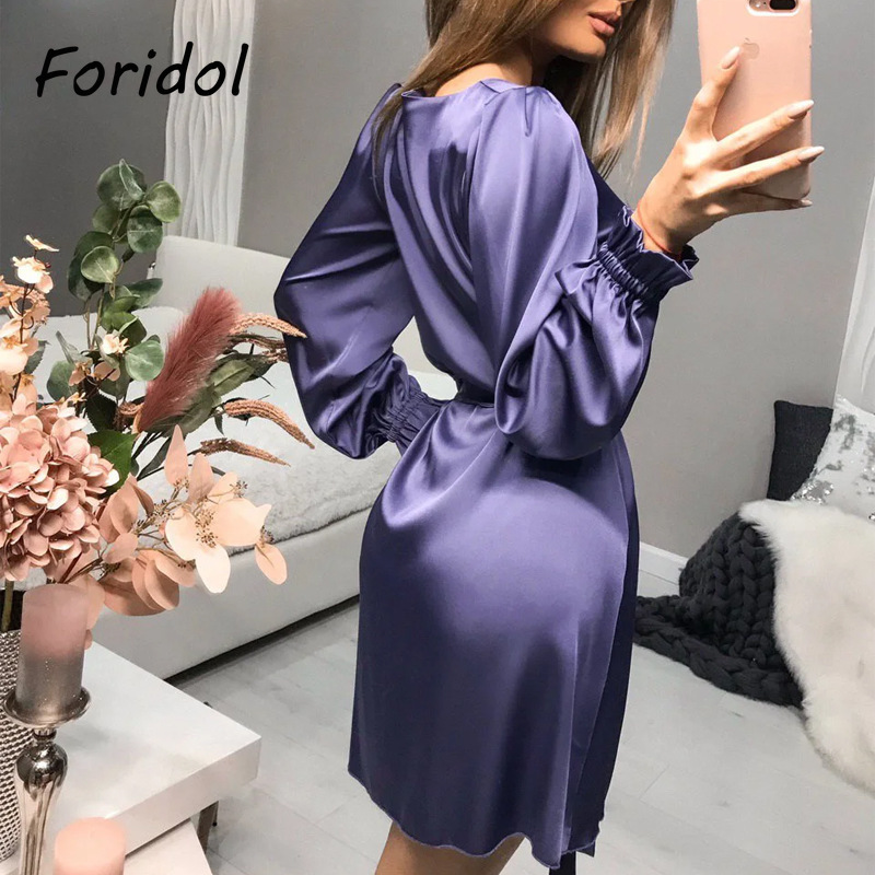 Foridol Long Sleeve Satin Party Dress Women Casual Sash Short Mini Dress Plus Size Spring Autumn Green Dress Women Clothing 210415