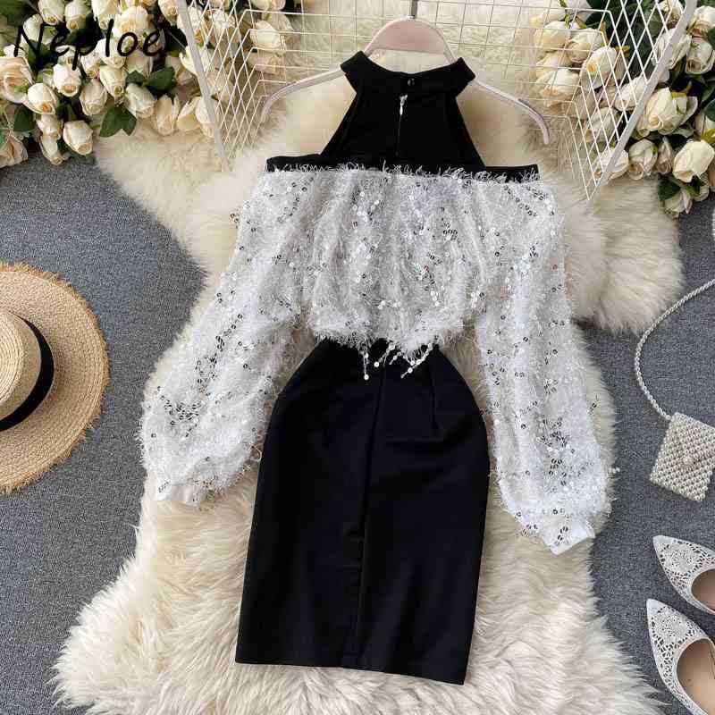 Neploe Halter O-neck Shoulder Strapless Women Mini Dress Bling Sequined Tassel Dresses Panelled Patchwork Sexy Bodycon Vestidos 210422
