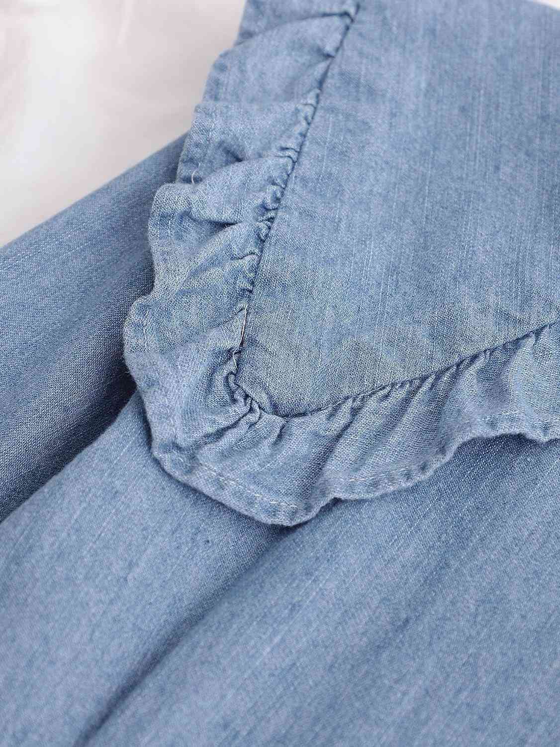 Retro blue Denim Long sleeve Dress Vintage Woman Ruffles Peter Pan Collar Ruched Single-breasted Button Shirt Short Dresses 210429