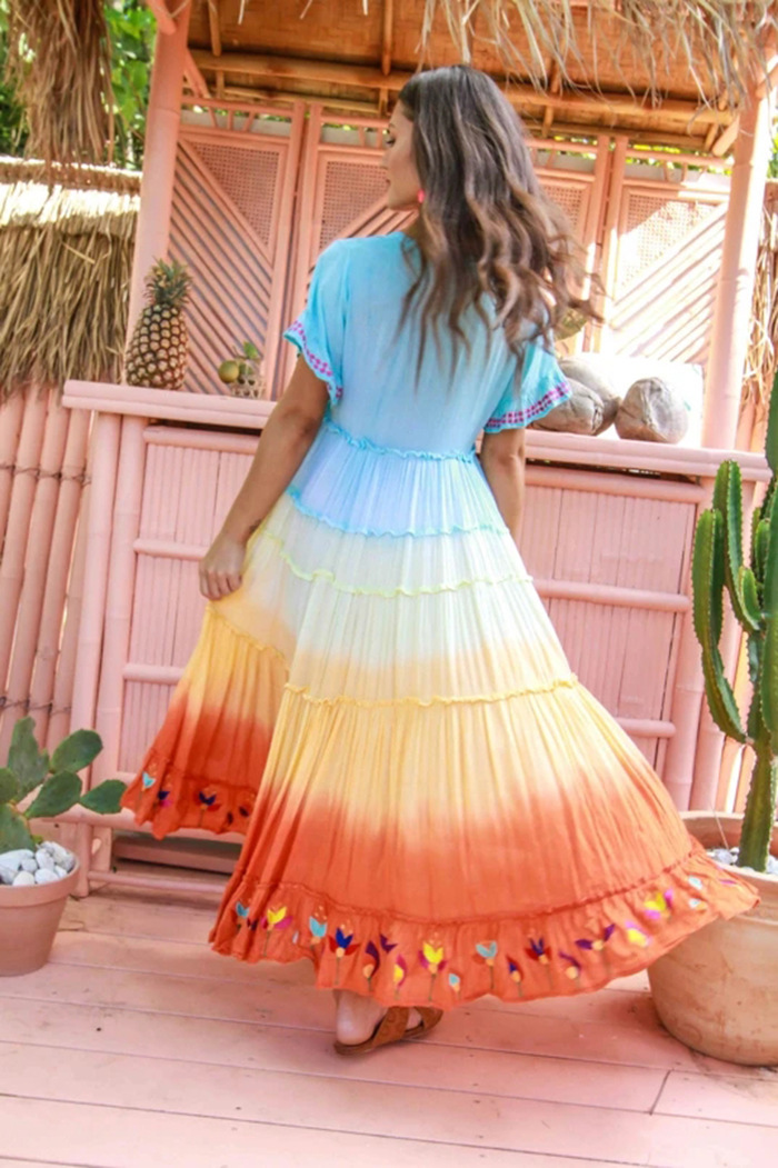 Women Dress V Neck Short Sleeve Bohemia Sexy Large Hem Maxi es Single Breasted Loose Long Beach es 210513