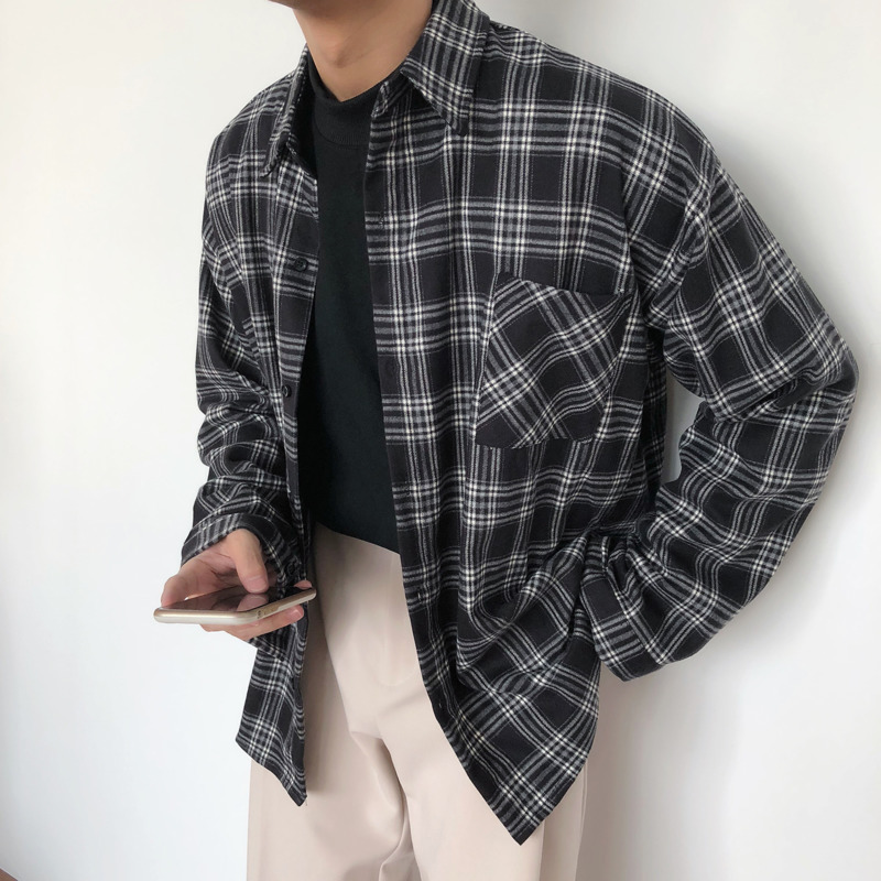 IEFB men's wear vintage long sleeve plaid shirts spring chic classic casual loose blouse tops 9Y6704 210524