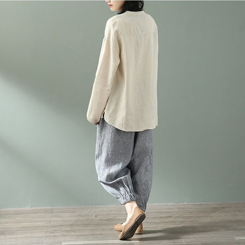 Spring Autumn Arts Style Women Long Sleeve Shirts Solid Cotton Linen Loose Casual O-neck Blouse vintage Ladies Tops D435 210512