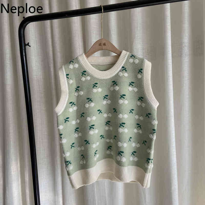 Neploe Woman Sweaters Vest O-neck Crochet Floral Cherry Knitted Cropped Pullovers Tank Korean Sweet Waistcoat Tops women 4H380 210422