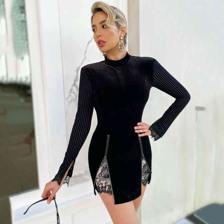 Free Sexy Lace Bandage Dress Long Sleeve Stand Collar Zipper Bodycon Halter Women Nightclub Party 210524