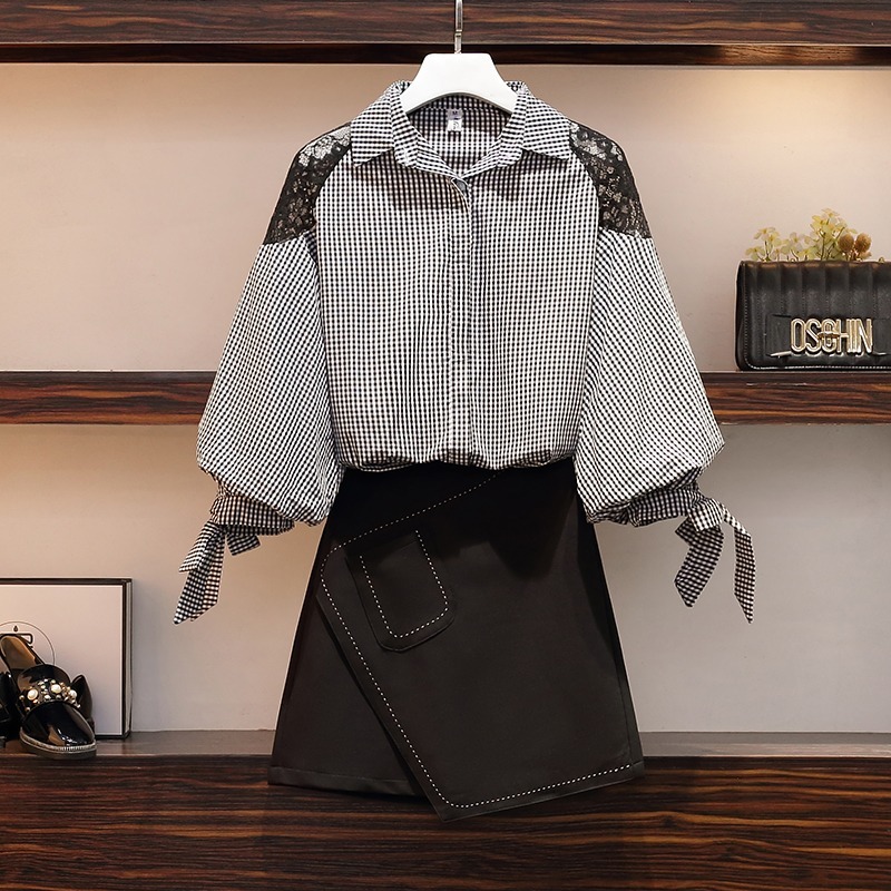 2 Piece Skirt Set Summer Fashion Women's Lace Patchwork Puff Sleeve Plaid Shirt Blouse & Irregular Suits 210525, Black
2 Piece Skirt Set Summer Fashion Women's Lace Patchwork Puff Sleeve Plaid Shirt Blouse & Irregular Suits 210525, Black