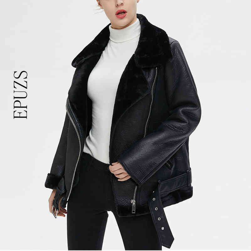 winter loose black PU Leather Jacket women fur collar Motorcycle coat Streetwaer warm Biker jacket outwear 210521