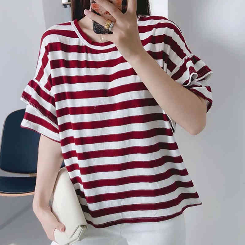 women summer casual classic striped print o-neck tshirts tops fashion cascading ruffles short sleeve loose t-shirts femme 210421