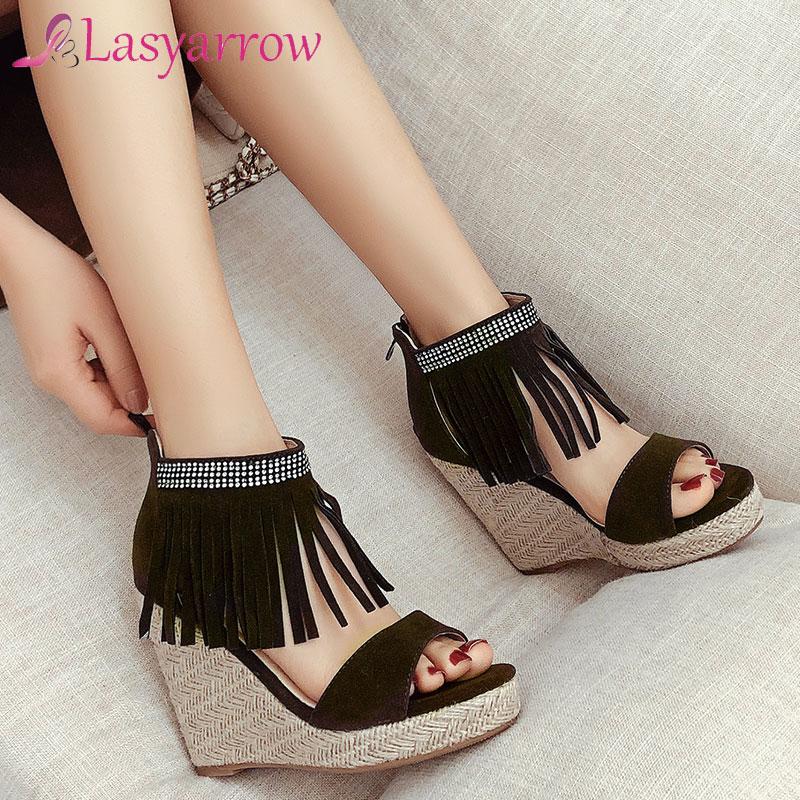 Lasyarrow 2021 Summer Arrival Ankle Wrap Tassel Fringe Wedges Heels Platform Sandals Woman High Heeled Shoes Size 34-50 Dress, Black
Lasyarrow 2021 Summer Arrival Ankle Wrap Tassel Fringe Wedges Heels Platform Sandals Woman High Heeled Shoes Size 34-50 Dress, Black