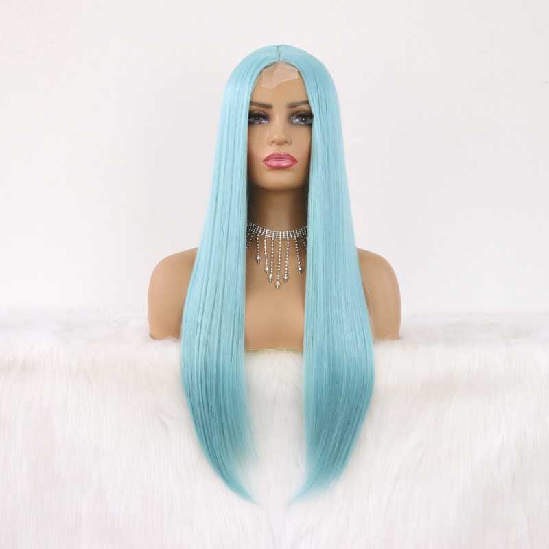 Synthetic Wigs Light Blue Lace Front Long Straight Hair 22 Inch For Fahison Women With Natural Hairline