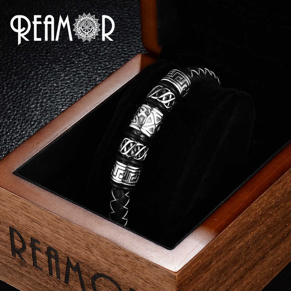 REAMOR Trendy Men Black Leather Bracelet 316l Stainless steel Viking Bead Bracelets with Strong Magnet Clasp 17-21cm 210918