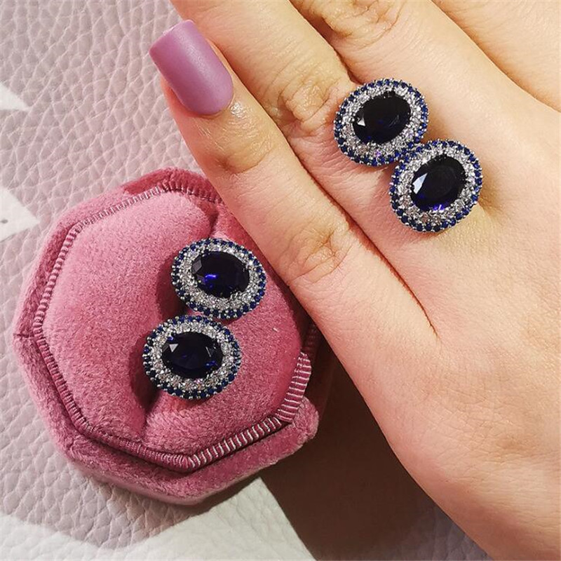 Choucong Brand Stud Earrings Luxury Jewelry 925 Sterling Silver Oval Cut Blue Sapphire CZ Diamond Gemstones Promise Women Engagement Band Earring For 