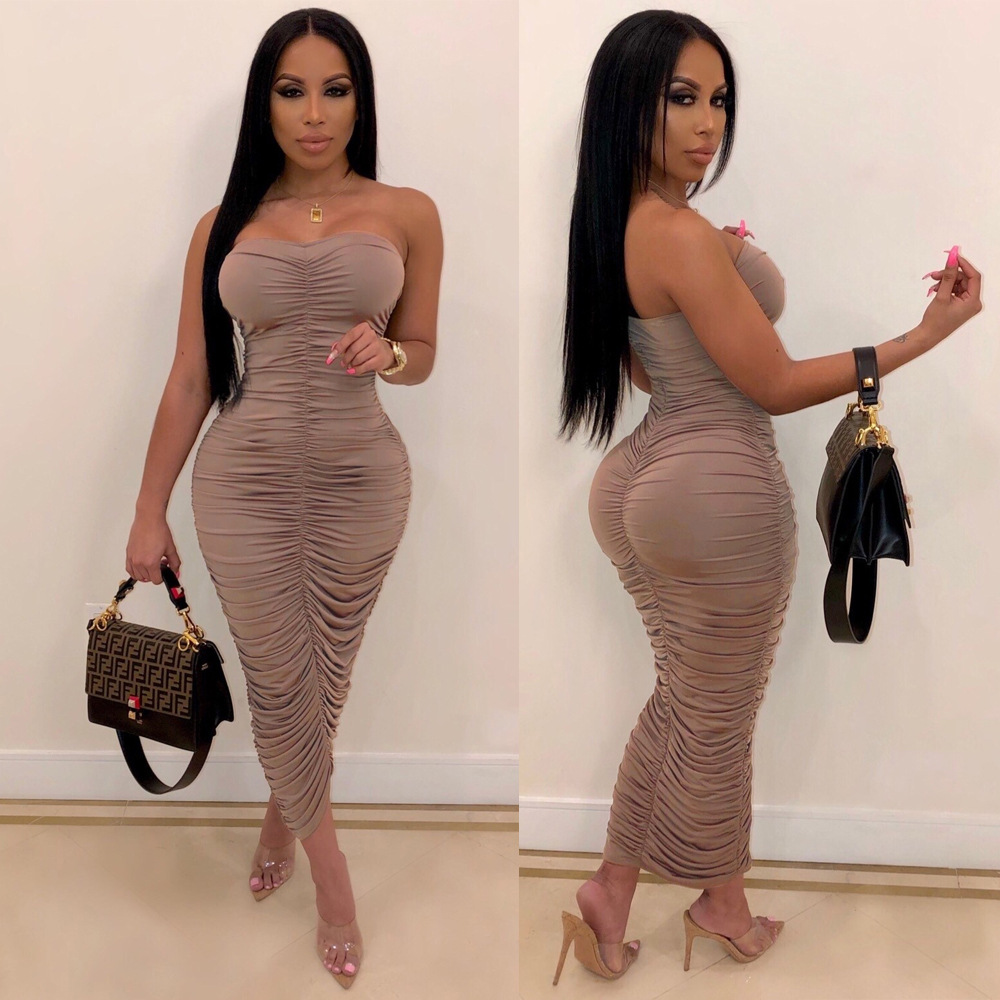 2021 Summer Women's Suspenders Tie Up Body-con Sexy Pencil Club Ankle Length Beach Bikinis Casual Party Pleated Dresses