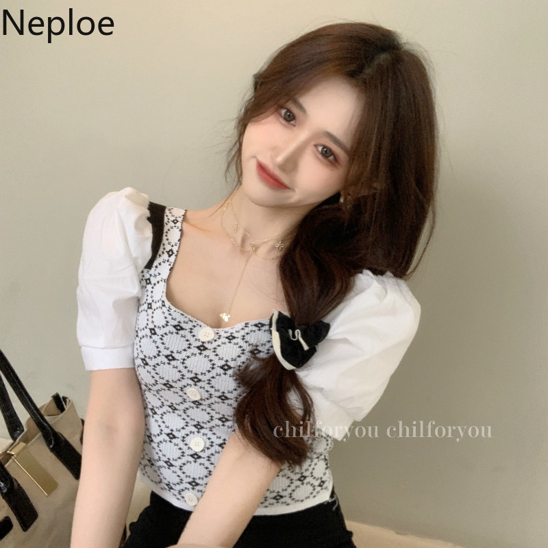 Neploe Women T Shirt Sweet Korean Crop Top Square Neck Patchwork Plaid Thin Knitted Shirts Summer Puff Short Sleeve Fashion Tops 210422