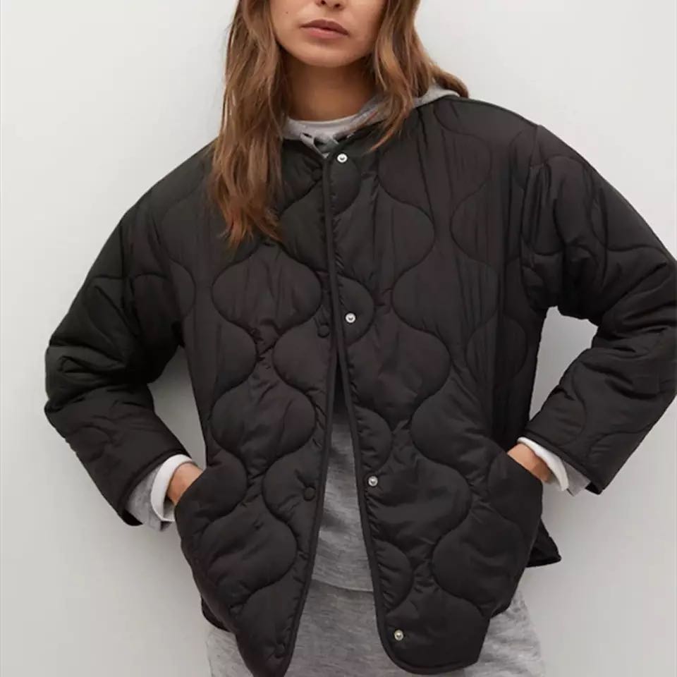 Womens Jackets Thin Parkas Coats Black Outwear Female Long Sleeve Tops Plaid Padded Coat Casual Loose Jacket Winter Coat Woman