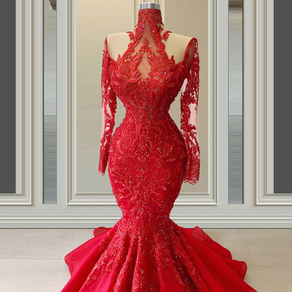 Plus Size Red african Mermaid evening Dresses Long Sleeves Lace beaded Vestido De Noiva High Neck Formal prom Gowns