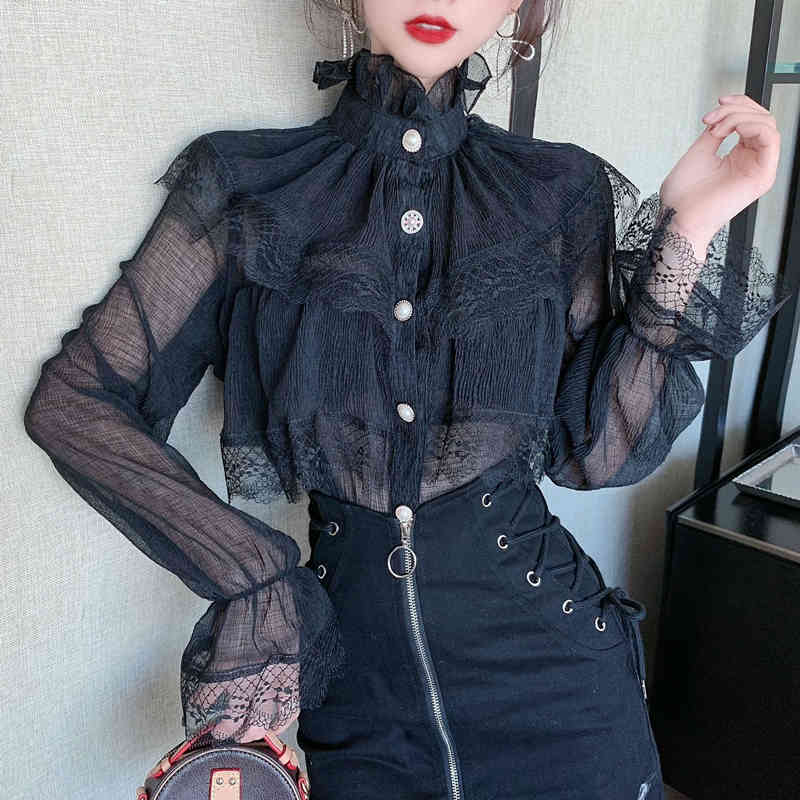 Sweet Lace Ruffles Patchwork Chiffon Shirt Female Spring Korean Fashion Elegant Stand Collar Flare Sleeve Casual Blouse 210519