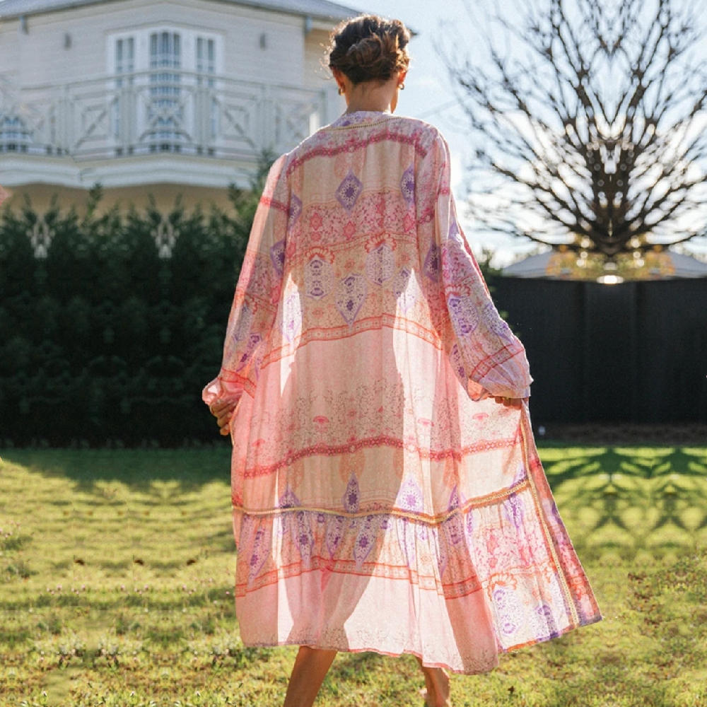 Pink Bikini Cover-ups Boho Floral Print Long Kimono Dress Plus Size Women Summer Beach Wear Swim Suit Cover Up A771 210420