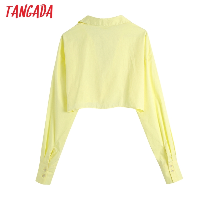 Women Fashion Yellow Slash Cropped Shirt Vintage Long Sleeve Female Shirts Blusas Chic Tops BE523 210416