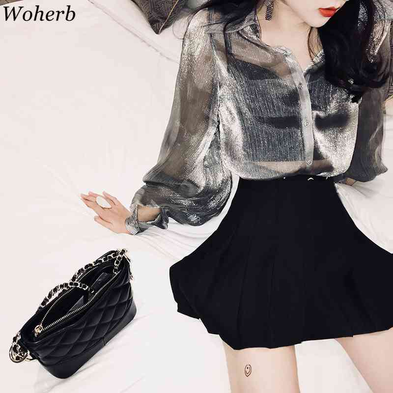 Long Lantern Sleeve Shirt Women Elegant Sexy See Through Blouse Korean Chic All-match Tops Vintage Blusas Mujer 210519