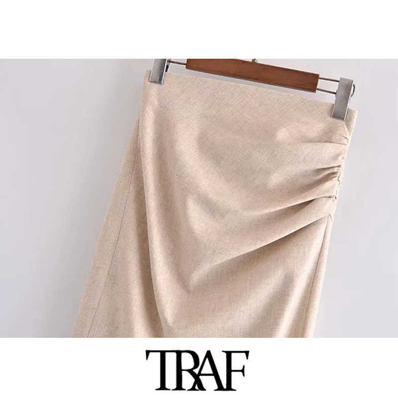 TRAF Women Chic Fashion With Draped Front Slit Linen Midi Skirt Vintage High Waist Back Zipper Female Skirts Mujer 210619
