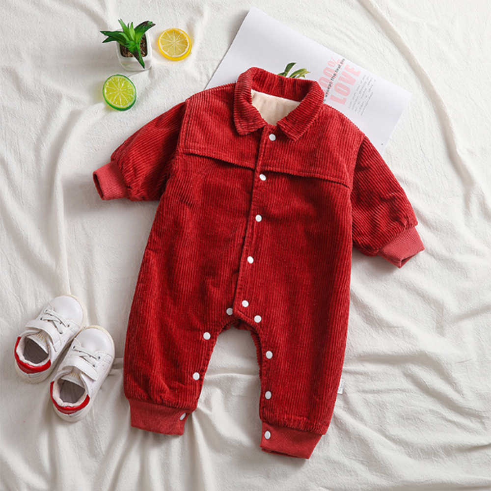 Mudkingdom Winter Baby Romper Corduroy Collared Fleece Lined Jumpsuits Clothes 210615