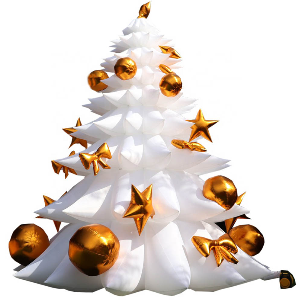 8m Tall LED Lighted Lage White Inflatable Christmas Tree With Golden Balls,Holiday Ornaments Balloon For Outside Night Show