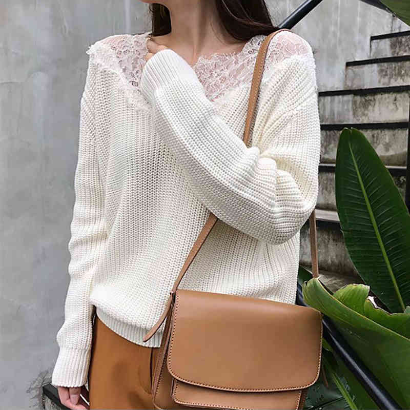 Autumn Women fashion V-neck Lace Solid Knitted Pullover Chic Lady Long Sleeve Loose White Sweater Fashion Jumpers 210421