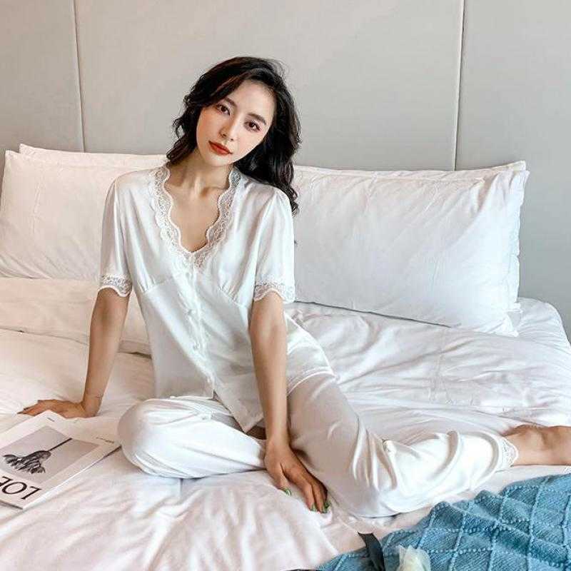 Summer Pajamas Set Women Satin Lounge Wear Sleepwear Casual Shirt&Pants Intimate Lingerie Soft Pyjamas Home Clothes Q0706
