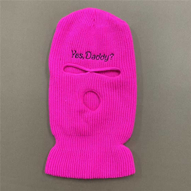 Balaclava Full Face Mask Embroidery Winter Hat for Woman Ski Mask Yes Daddy Warm Knit Full Caps Outdoor Sports Beanies 211012